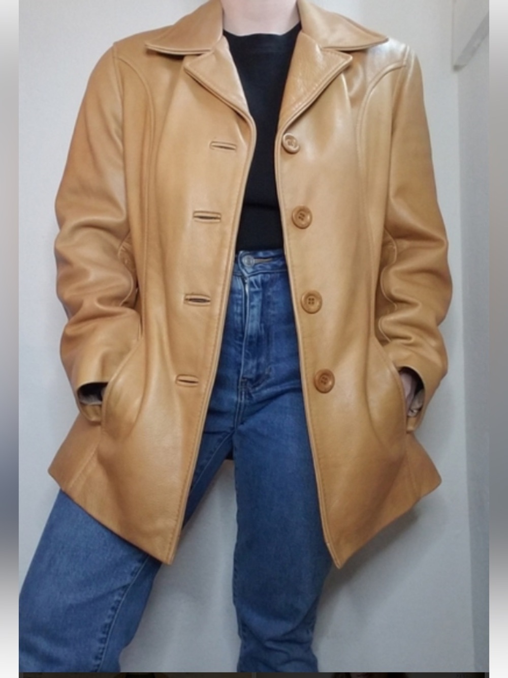 Women's Genuine Leather Coat in Tan - Classic Button Jacket
